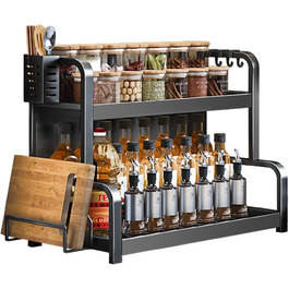 Стійка для спецій Devesanter на 2 яруси, велика місткість, з контейнерами, органайзер для кухні, з підставкою для дощок, з гачками, чорний