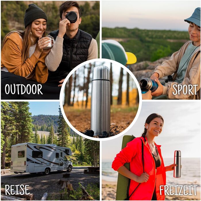 Термос із нержавіючої сталі з чашкою та щіткою; термос-каністра з подвійними стінками, ізольована, не протікає, придатна для миття в посудомийній машині, BPA-free + щітка для чищення; зберігає напої гарячими та холодними (сріблястий - 500 мл)