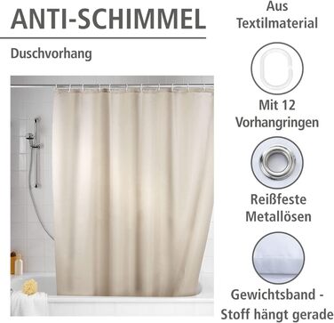 Штора для душу WENKO Anti-Schimmel, текстильна, антигрибкова, водонепроникна, з кільцями, 180x200 см, бежева