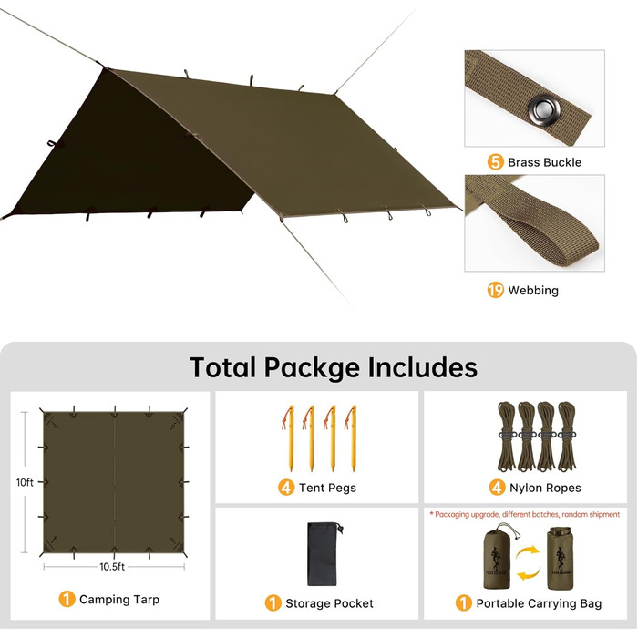 FREE SOLDIER 3x3.2m Waterproof Tarp - Ultralight Tent Shelter for Camping, Hiking & Outdoor Activities (Military Green)