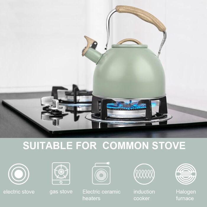 Чайник-заварник Flintronic з нержавіючої сталі, 3л, з дерев'яною ручкою, для всіх плит, чайник-заварник для чаю та кави (зелений)