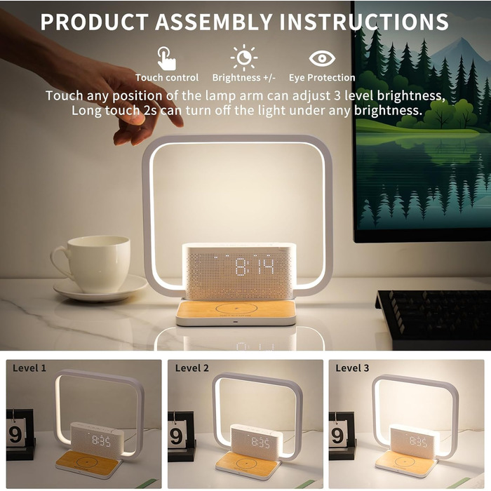 Нічна лампа RETEYUNG з бездроговою зарядкою 10W, 2 будильники, денний світловий будильник, 10 заспокійливих звуків, торкання, регулювання яскравості (3 рівні) (Сучасний дизайн)