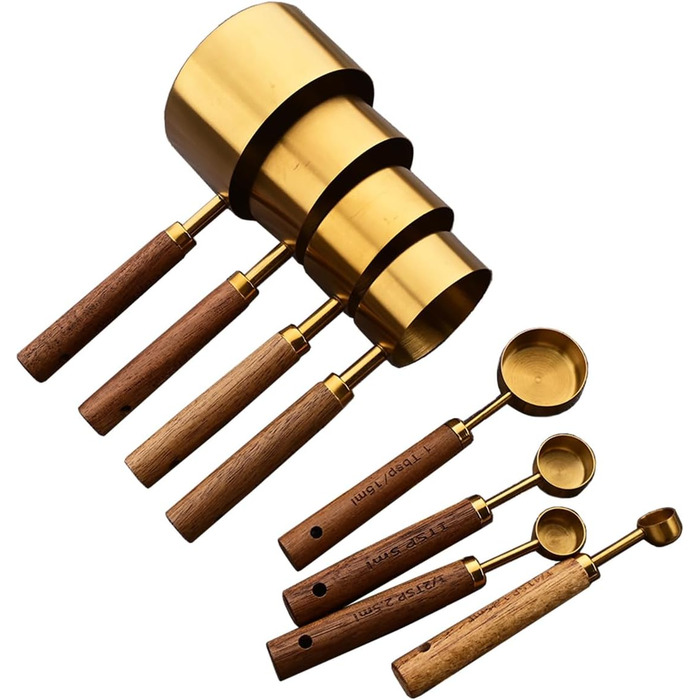 8-Piece Gold Measuring Cup and Spoon Set with Scale, BRIIEC Wooden Handle, Stainless Steel, Dry and Liquid Measuring Cups for Cooking, Baking