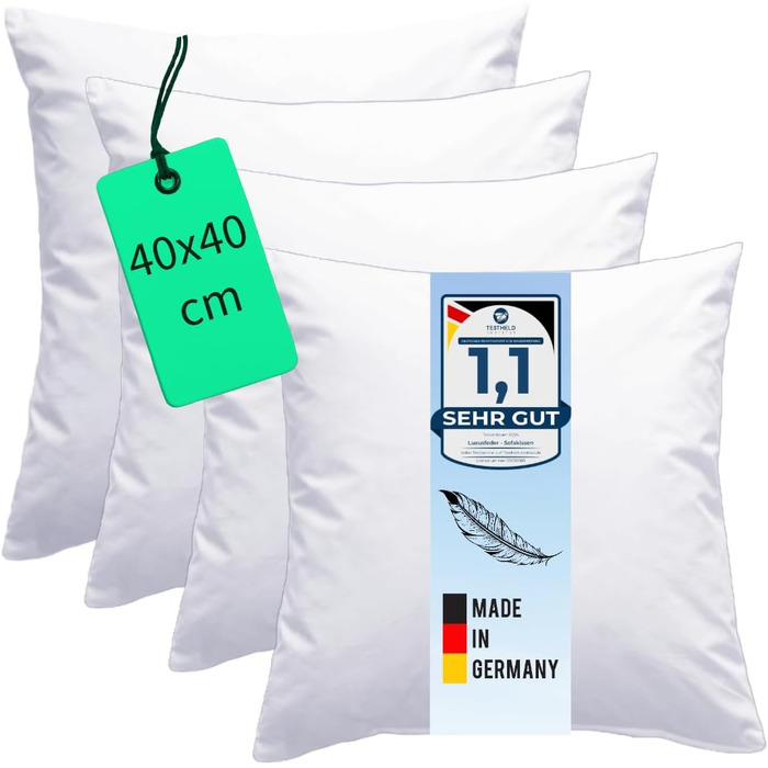 Luxusfeder 4-Piece Sofa Cushion Set, 40x40 cm - Down Filling 300g - Cover 100% Cotton - Down Cushion - Cushion Filling - Cushion Insert - Inner Cushion - Öko-Tex