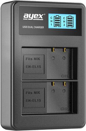 Зарядний пристрій Ayex USB сумісний з акумуляторами Nikon EN-EL15 для Z7 II, Z6 II, Z5, D850, D780, D750, D600. Зарядка через USB-C (з ноутбука, powerbank) з LCD-індикатором рівня заряду. Комплект: зарядний пристрій EN-EL15 (подвійний) + акумулятори