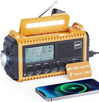 Радіоприймач Kurbelradio з DAB+/DAB/UKW, акумулятор 5000mAh, ліхтарик, аварійне радіо, USB-зарядка, FM, динамо, SOS-сигнал, для туризму та відпочинку на природі (жовтий)