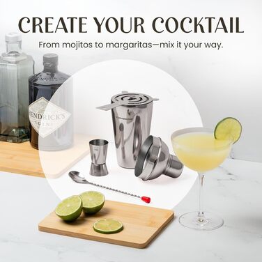 Набір для коктейлів Mixology & Craft (8 предметів): шейкер із нержавіючої сталі та аксесуари для бару в чорній дерев'яній підставці, подарунковий сет із рецептами, сріблясто-чорний