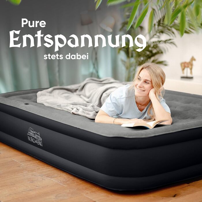 Надувне ліжко 3-в-1 | Гостьове та кемпінгове ліжко | Надувна матрац з електропомпою 150x200 | Самостійно надувна ліжко (2 особи, Чорний/Антрацит)