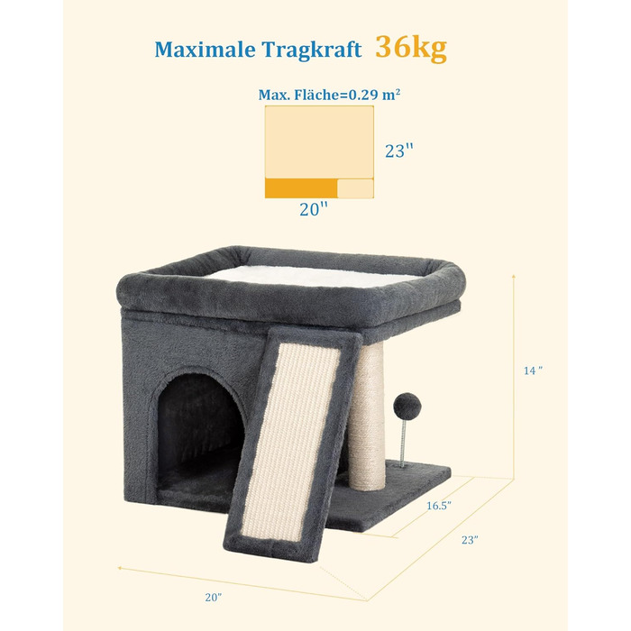 Aechonow Cat Tree for Large Cats - Stable, Cat Tree with Large Lying Area (51x41cm), 3-Tier Cat Cave Bed for Indoor Adult Cats, Dark Grey