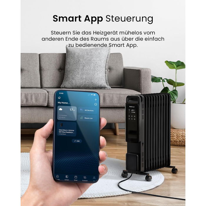 Розумний масляний радіатор Pro Breeze 2500W з 11 секціями - електричний, з Wi-Fi, таймером та термостатом