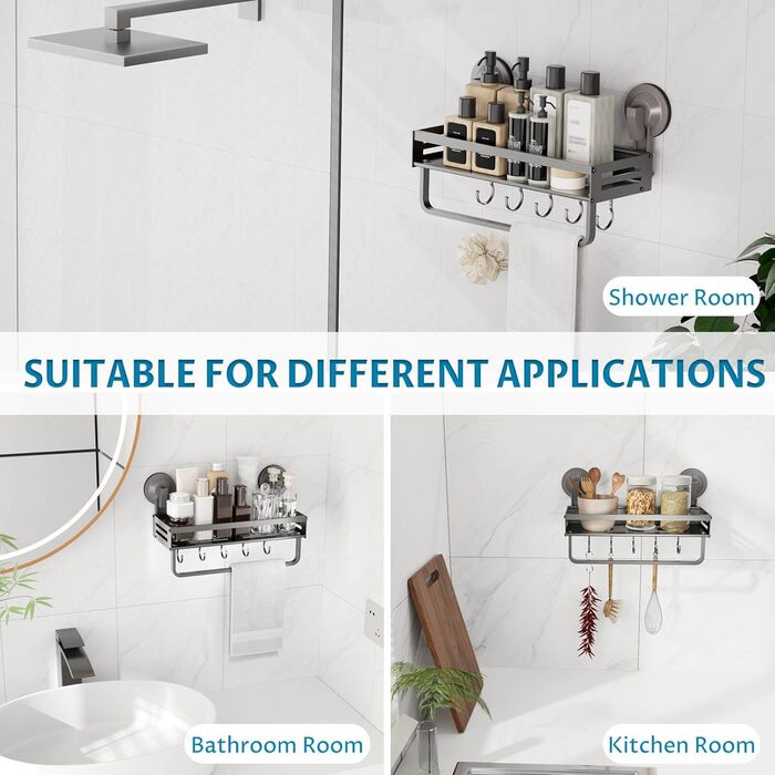 Поличка для душу Onemake з присосками, Дзеркальна поличка для ванної кімнати з ручками, Організатор для ванної кімнати з тримачем для рушників, Матовий чорний (30 см, 1 шт.)