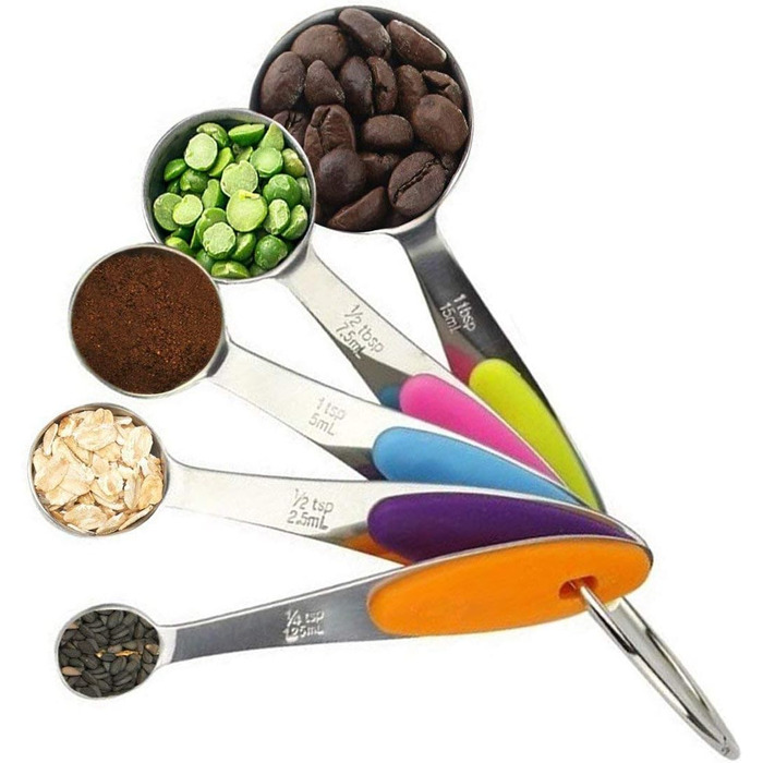 Набір мірних ложок Xingxinrong з нержавіючої сталі (5 ложок) з силіконовою ручкою, з гравіюванням шкали (US та міжнародна)