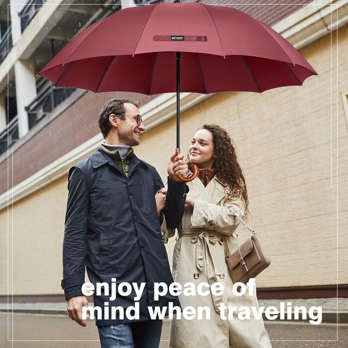 KEYHOT Windproof Umbrella - Large Stick Umbrella with Wooden Handle for Men & Women - 12 Ribs, XL - Burgundy, 118cm