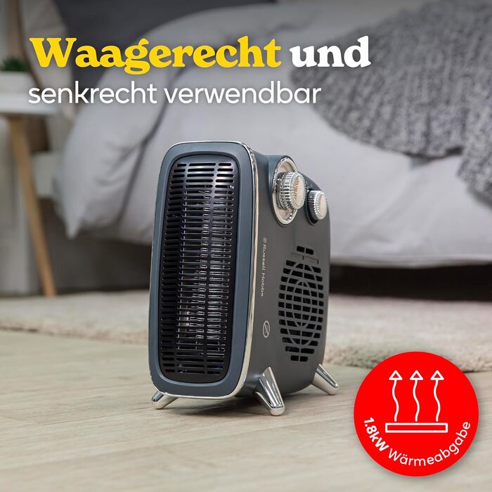 Тепловий вентилятор Russell Hobbs Retro RHRETHFH1001G, 1800 Вт, з термостатом та 2 режимами нагріву, сірий (до 20 м²)