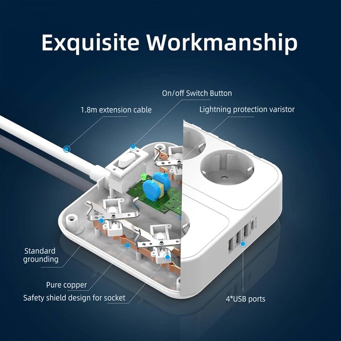 Розподільник розеток POWSAF з 4 розетками та 4 USB-портами для зарядки, для кріплення на стіну, для дому та офісу, білий