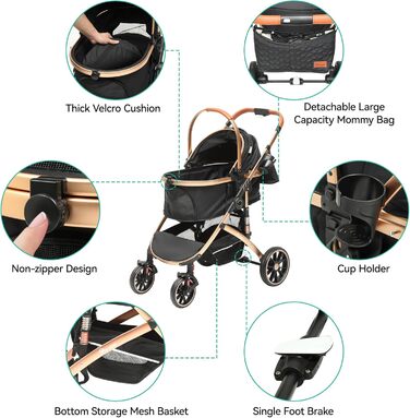 Візок для собак YITAHOME 3 в 1, до 22 кг, чорний. Складаний, для маленьких собак та котів