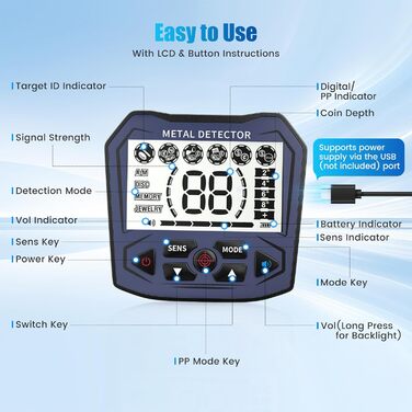 Металодетектор Profi з 2 акумуляторами, 5 режимів, для дорослих та дітей, IP68 водонепроникний, регульована стійка (сірий)