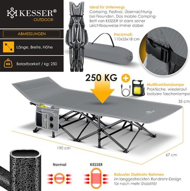 Кемпінгове ліжко KESSER® розкладне, металеве, 190 см, сіре, з сумкою та ліхтарем