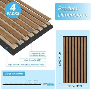 Акустичні панелі Art3d Темний горіх, 3D стінові панелі для звукоізоляції офісу, студії та вітальні, шпоноване дерево з фетровою основою, 60x30 см (набір 4 шт, 0.72 м²)