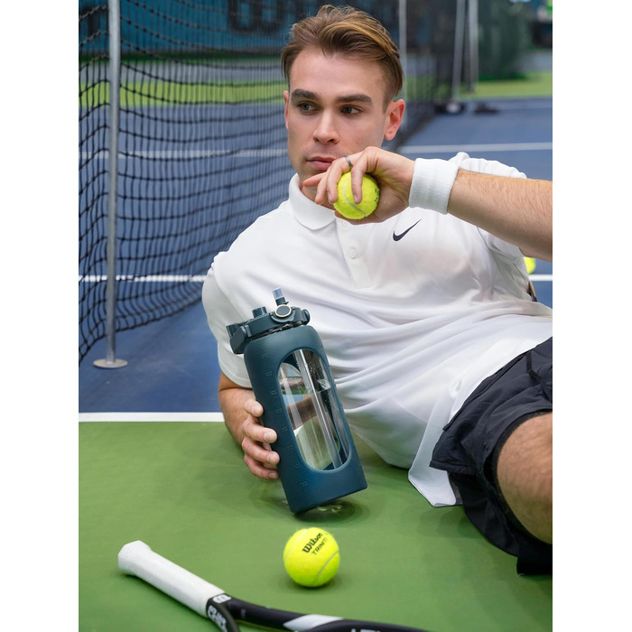 Glass Bottle 2 Liter - Drinking Bottle 2L Glass with Straw - Large Water Bottle with Silicone Sleeve - Leak-proof - Dishwasher-safe - BPA-free (Petrol)