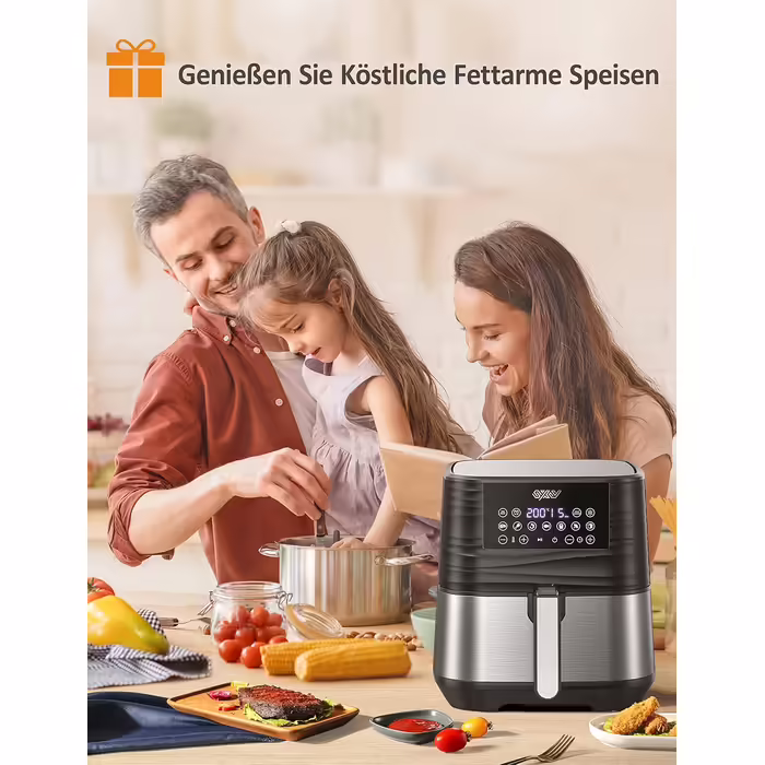 Innsky Hot Air Fryer 5.5L XXL, 1700W Hot Air Fryer with Digital LED Touchscreen and 7 Programs, Preheat & Keep Warm & Defrost, Airfryer Fryer Without Oil with Recipe Book in German Silver