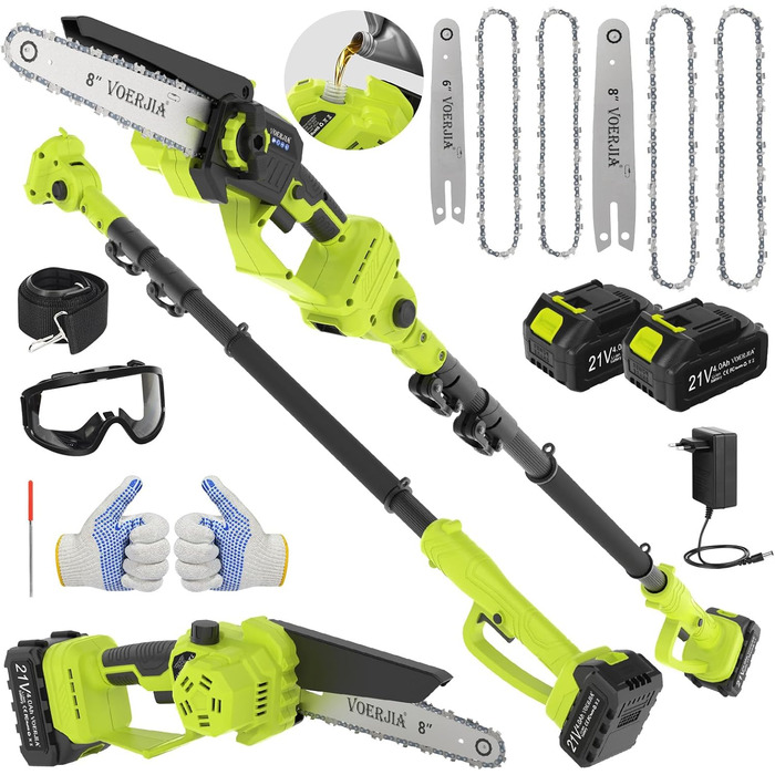 Акумуляторна висоторіз Kettensäge 2-в-1, 6/8 футів, телескопічна штанга, 2x4.0Ah акумулятор, автоматичне змащення, швидка заміна насадок, для обрізки дерев у саду