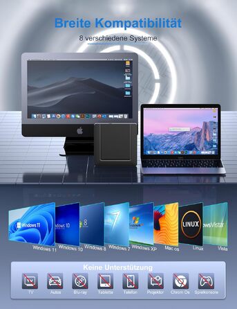 Зовнішній CD/DVD привід USB 3.0 та USB-C, ультратонкий оптичний накопичувач CD DVD +/-RW ROM для ноутбука, ПК, MacBook (Windows, macOS, Linux), чорний