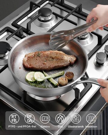 Сковорода з нержавіючої сталі 28 см, антипригарна, з кришкою, 18/10, для індукційних плит, енергоефективна, без PTFE та PFOA