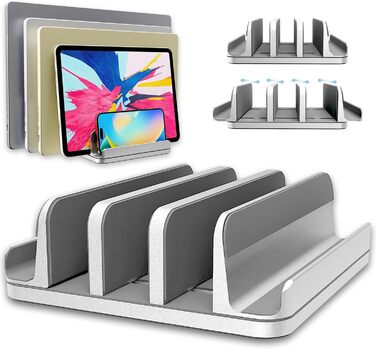 TEFONIA 5-Slot Vertical Laptop Stand - Aluminum Desk Organizer for MacBook, iPad, Tablets & Laptops - Silver