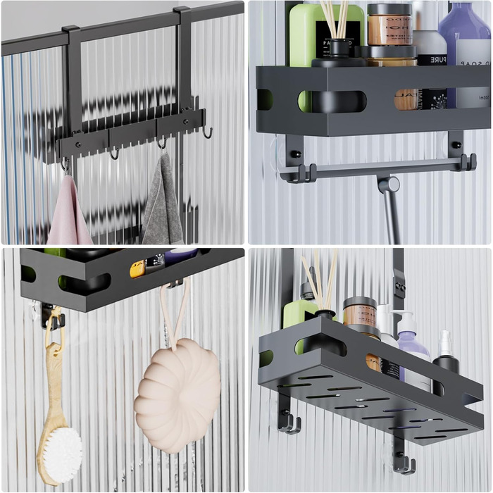 Настінна поличка для душу YEAUPE PRO 3 яруси – органайзер для ванної кімнати без свердління, з 2 присосками, 6 гачками, чорний, до 18 кг