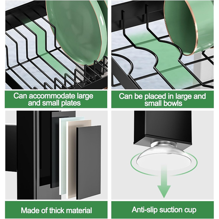 Регульована сушилка для посуду на 2 яруси, 66-85 см, чорна, з 4 кошиками для столових приборів та тримачем для напоїв