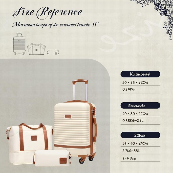 Набір валіз COOLIFE 3 шт: ручна поклажа + сумка | ABS, легкий, 360° колеса, TSA-замки, для Європи, круїзу, навчання за кордоном – необхідне для сімейного відпочинку, білий/коричневий