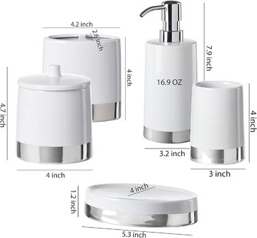 Motifeur Bathroom Accessories Set, 5-Piece Ceramic Bathroom Accessories Complete Set with Lotion Dispenser/Soap Pump, Cotton Swab Holder, Soap Dish, Tumbler, and Toothbrush Holder (White and Silver)