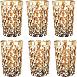 Vintage 6-piece set of colored wine glasses and tumblers with diamond pattern (Net Gold-Glow drinking glass), long drink glasses, cocktail glasses with embossing, glass, tumbler, wine glass, water glass, goblet