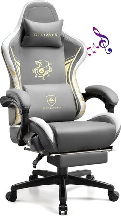 Ігрове крісло GTPLAYER Dragon Series з Bluetooth-колонками та підставкою для ніг, ергономічний комп'ютерний стілець сірий