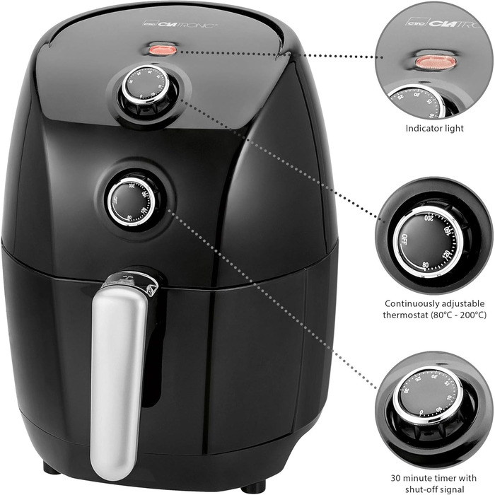 Аерофритюрниця Clatronic FR 3698 H, без олії, 1.5 л, термостат 80-200°C, таймер 30 хв, чорна