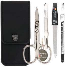 Набір для манікюру та педикюру 'Modena' від DREI SCHWERTER (4 шт.) | Німецька якість, шкіряний етоуй. Вміст: ножиці, пінцет, нагетільна пемза, ремувер для кутикули. Чорний колір