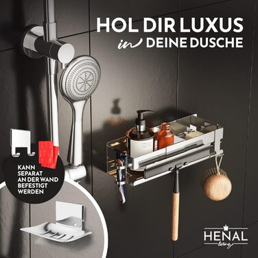 HENAL Shower Shelf SET 5 in 1, High Gloss Stainless Steel Shower Shelf No Drilling Required, Shower Shelf including Razor Holder, Squeegee Holder, Soap Dish & Hook, XXL Bathroom Organizer