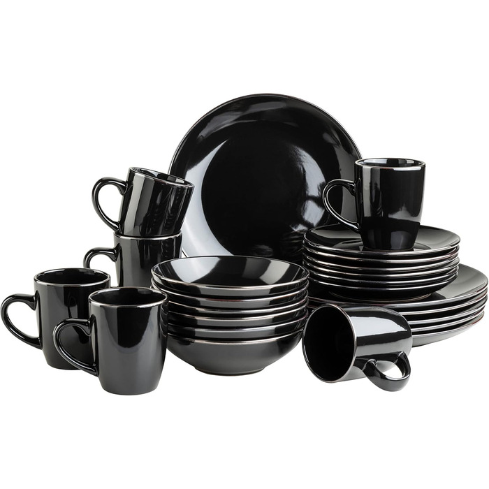 Modern Dinnerware Set for 6 People with Brass-Colored Rim, 24-Piece Combination Service with Rimless Coupe Shapes, Black 24-Piece Black
