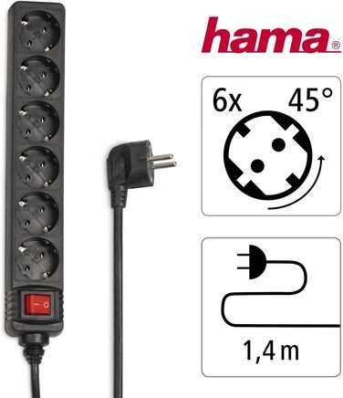 Мережевий фільтр Hama 6-fach з вимикачем для економії електроенергії, чорний (1.4м, GS сертифікований)