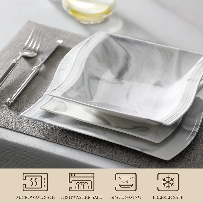 MALACASA Flora 30-Piece Marble Porcelain Dinnerware Set - Grey