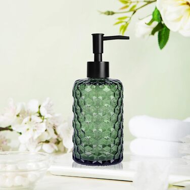 Скляний дозатор для мила 500 мл з хвильовим дизайном для ванної кімнати та кухні, з чорною пластиковою помпою, дерев'яними етикетками та воронкою (вугільний колір, зелений)