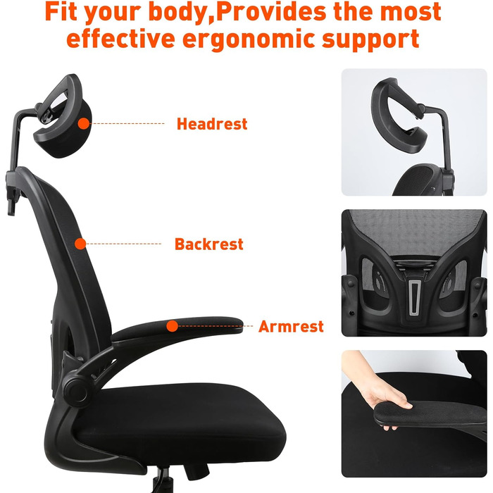 Ергономічне крісло для офісу HANGHAIGO, чорне, з підголівником, підлокітниками та підтримкою попереку, регулювання висоти, функція гойдання 90°-120°, максимальне навантаження 150 кг
