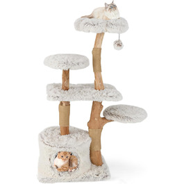 Дерев'яна кігтеточка для котів Costway 87 см з гамаком та джутовими стовпами, білий кігтеточний комплекс з 2 стовпами та печереєю