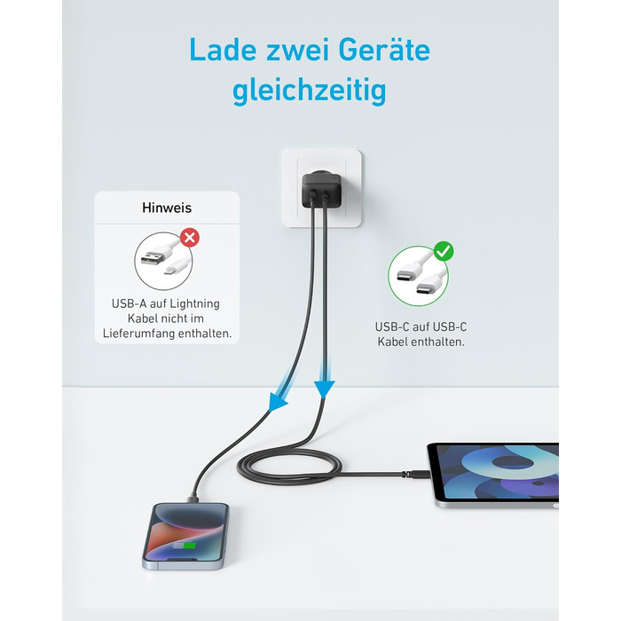 Зарядний пристрій Anker 20W USB-C, адаптер живлення для iPad, швидка зарядка, сумісний з iPhone 17/16/15, кабель USB-C (150см), чорний