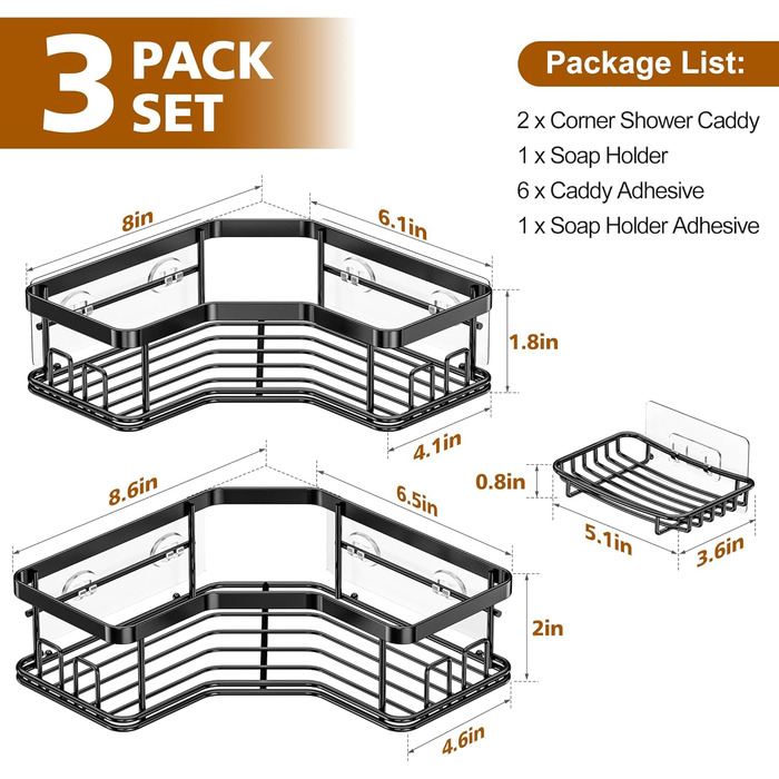 MAXIFFE Дзеркальна поличка для душу з 8 гачками, набір 3 шт, самоклеюча, чорна