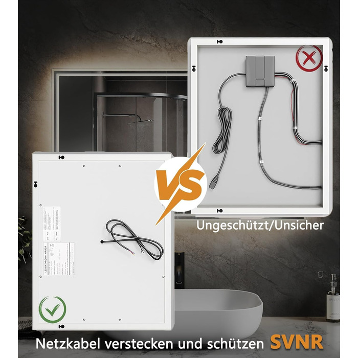 Дзеркало для ванної кімнати SVNR з підсвічуванням, 40x60 см, LED, алюмінієва рама, захисне скло, матові краї, IP44, енергозберігаюче