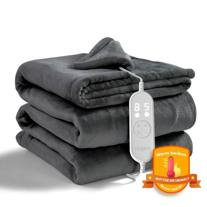 Електрична ковдра Celeste з автовимкненням 180x130 см, 9 рівнів нагріву, таймер, для софи, ліжка та офісу, темно-сіра