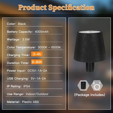 LED-лампа настільна бездротова диммируемая чорна з USB-C, сенсорна лампа з 3 колірними температурами, плавне регулювання яскравості, регульована висота, IP54 вологостійка для внутрішнього/зовнішнього використання (чорний)