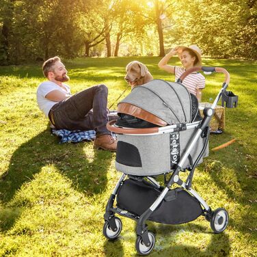 Візок для собак та котів COSTWAY 3 в 1, сірий | Складаний, до 15 кг | Знімний кошик, дощовик, телескопічна ручка, сітка-віконце